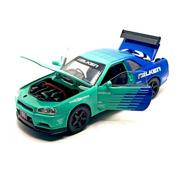 Nissan Skyline GT-R R34 Spoon Sports Edition Diecast Car 1:32 Scale Model – Premium Metal Racing Miniature (Blue & Cyan) - www.bellaqueen.in